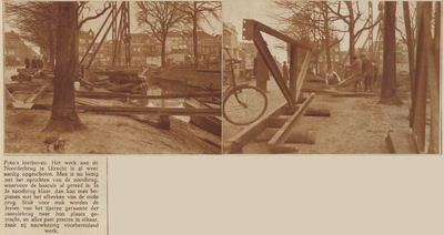 874169 Collage van 2 foto's betreffende de aanleg van de Noorderbrug over de Stadsbuitengracht te Utrecht.
